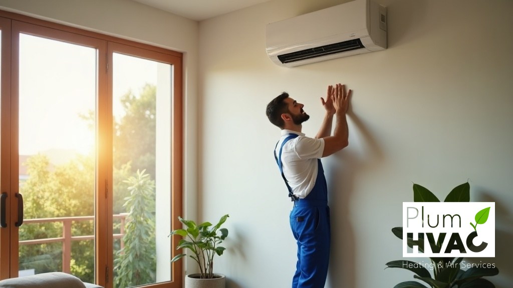 Plum HVAC technician installing a ductless mini-split in a Silicon Valley home